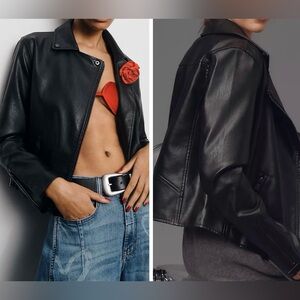 Anthropologie Black Faux- Leather Moto Jacket, Size XXS